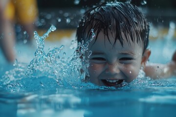 A young boy is smiling and splashing in a pool