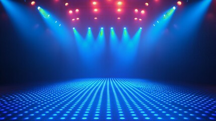 Bright blue LED lights illuminate the stage during an evening event at a concert venue, creating a vibrant atmosphere, copy space for text, music advertising, nightclub advertisement
