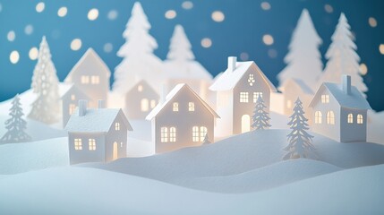 A charming paper-cut Christmas village showcases intricately designed houses surrounded by a soft, snowy landscape and twinkling lights. Generative AI