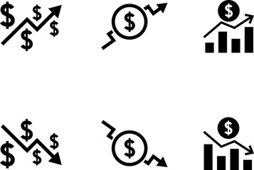 Currency Exchange. Currency exchange rate icon. Stock market. Cost reduction. Cost increase icon. Price reduced, discount icon. Financial or business sign