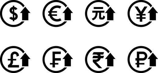 Currency Exchange. Currency exchange rate icon. Stock market. Cost reduction. Cost increase icon. Price reduced, discount icon. Financial or business sign
