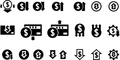 Currency Exchange. Currency exchange rate icon. Stock market. Cost reduction. Cost increase icon. Price reduced, discount icon. Financial or business sign