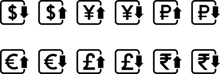 Currency Exchange. Currency exchange rate icon. Stock market. Cost reduction. Cost increase icon. Price reduced, discount icon. Financial or business sign