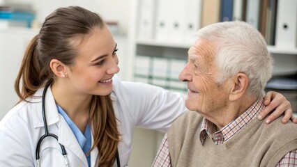 Fototapeta premium Close up shot young female physician touch hand of older male patient, giving him hope and warmth, expressing empathy while sharing bad health news in clinic office. Support, encouragement, eldercare