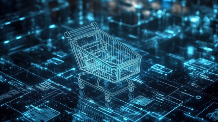 Glowing shopping cart hologram digital sale promotion poster design for holiday shopping season.