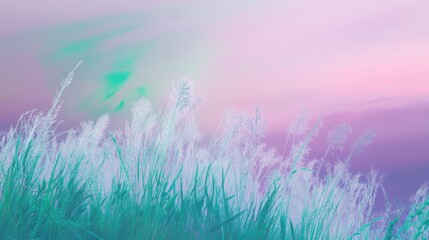 Gentle wildflowers sway against vibrant pastel skies of lavender, pink, and green, evoking a serene meadow at dawn with soft colors blending into the horizon.