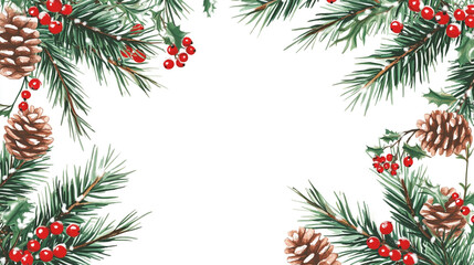 Festive Watercolor Christmas Border Pine Holly Berries Pinecones Winter Holiday