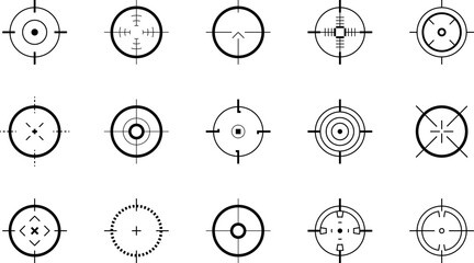 Crosshair gun sight icons set. Cross hairs. Bullseye, target or aim symbol. Futuristic aim pointer. Military rifle scope, shooting mark sign. Targeting, aiming. Archery, hunting. Game UI element