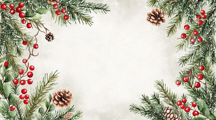 Festive Winter Wonderland Border Holly Berries Pine Cones Snow