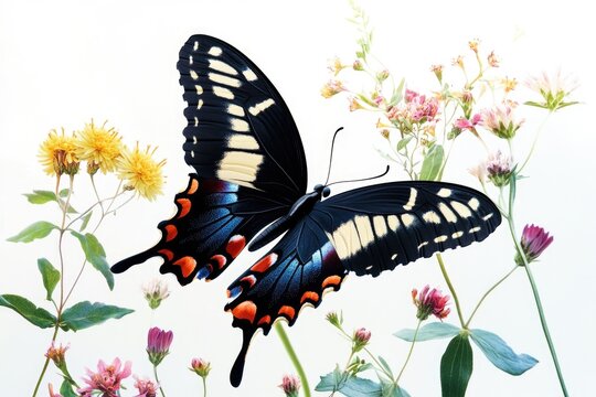 A black and orange butterfly perches on the petals of a colorful flower