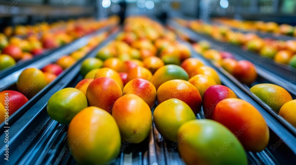 Leinwandbilder fresh mangoes are arranged in long rows on conveyor belts in a facility dedicated to juice productio