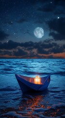 Fototapeta premium Blue paper boat glowing with lantern beach photos
