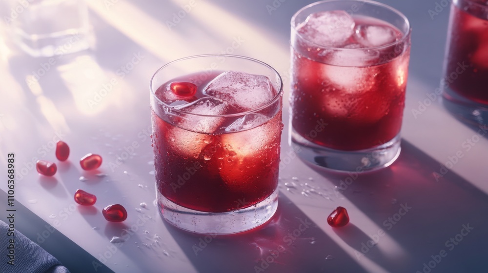 Aufkleber refreshing juice drinks filled with ice and pomegranate seeds are beautifully displayed on a table. 