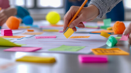 Collaborative brainstorming session with colorful sticky notes and creative planning