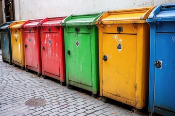 Colorful trash cans line up on a city sidewalk