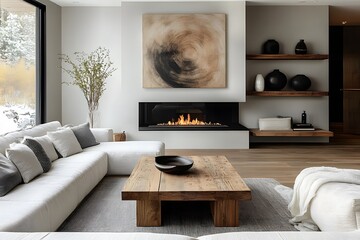  Minimalist interior design of modern living room. Rustic barn wood coffee table near corner sofa against wall with fireplace, frame and shelf. 