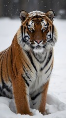 Naklejka premium Tiger in Snow Wallpaper Showcasing Majestic Wildlife, Winter Scene, Intense Gaze, and Natural Beauty