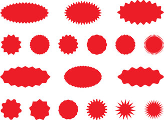 shopping labels collection. Sale or discount sticker. Starburst red sticker set. Special offer price tag. Supermarket promotional badge. Promo stickers with star edges.