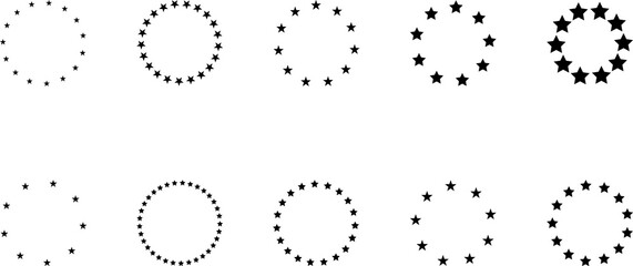 Stars of various sizes arranged in a circle. Black star shape, round frame, border vector image