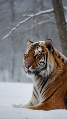 Tiger in Snow Wallpaper Showcasing Majestic Wildlife, Winter Scene, Intense Gaze, and Natural Beauty
