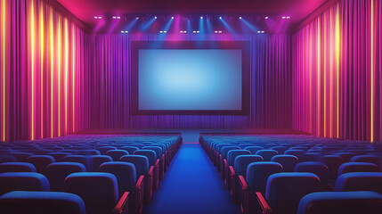 Fototapeta premium Empty Movie Theater Neon Lights Cinema Seats Purple Curtains Big Screen