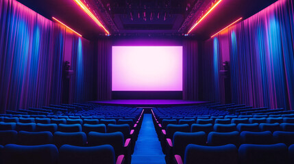 Fototapeta premium Empty Movie Theater with Pink Screen Blue Seats Neon Lights
