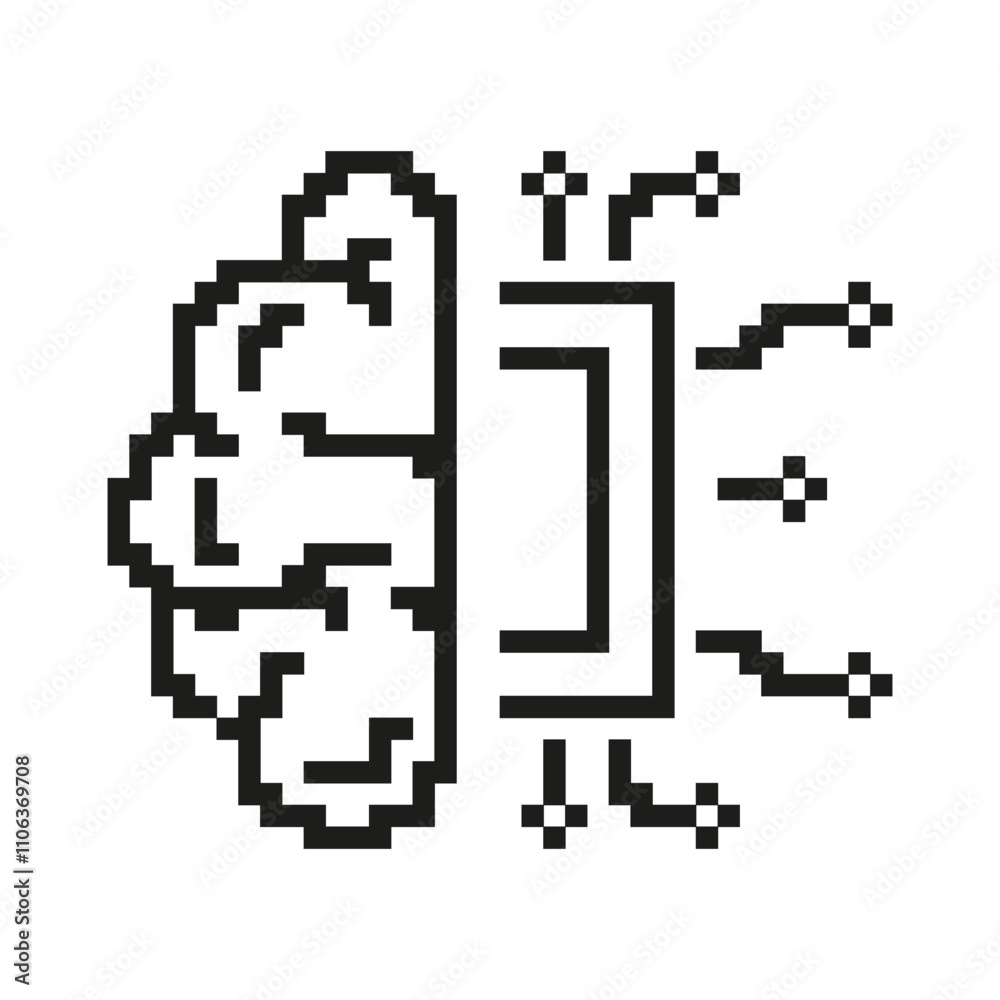 Poster pixelated brain with circuitry icon. artificial intelligence and machine learning in pixel art style
