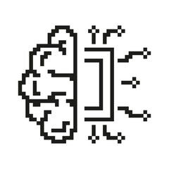 Pixelated Brain with Circuitry Icon. Artificial Intelligence and Machine Learning in Pixel Art Style. Hybrid Symbol of AI and Human Intelligence. Isolated Vector Illustration