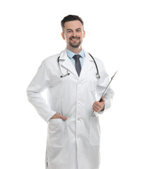 Smiling doctor with stethoscope and clipboard isolated on white