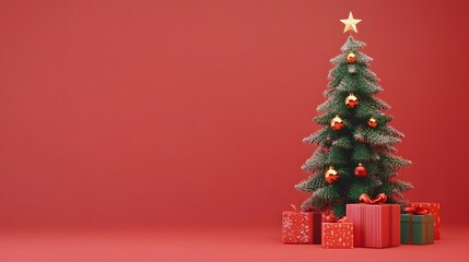 A Christmas tree with presents on a red background
