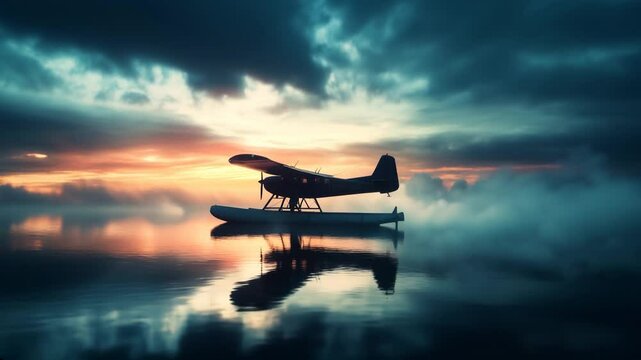 Seaplane resting on calm waters at sunrise with a dramatic sky, serene lake reflections, and moody atmospheric lighting. Floatplane, travel, and adventure travel Video made using Generative AI.