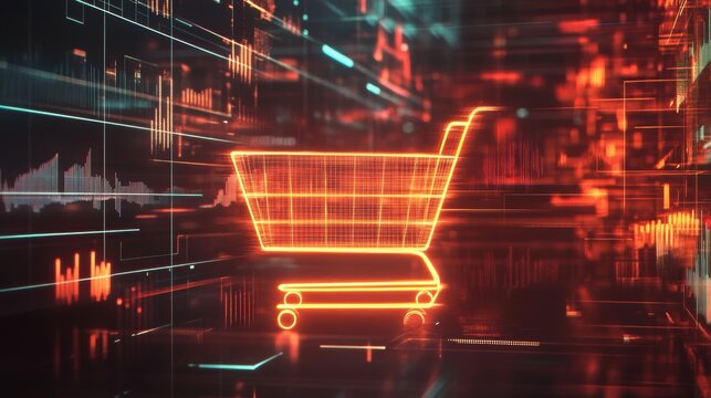Glowing shopping cart hologram digital sale promotion poster design for holiday shopping season.
