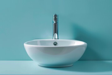 A modern kitchen with a white sink and blue counter