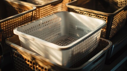 Baskets on a stove with a warm and cozy atmosphere