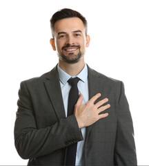 Man making promise on white background. Oath gesture