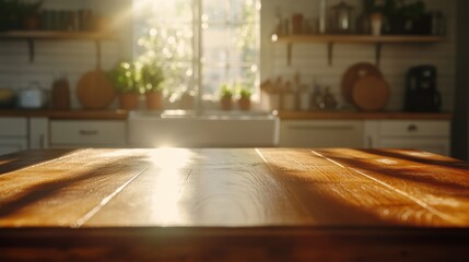 Fototapeta premium A smooth wooden table with a shiny surface, with a vintage kitchen blurred behind it, sunlight streaming through