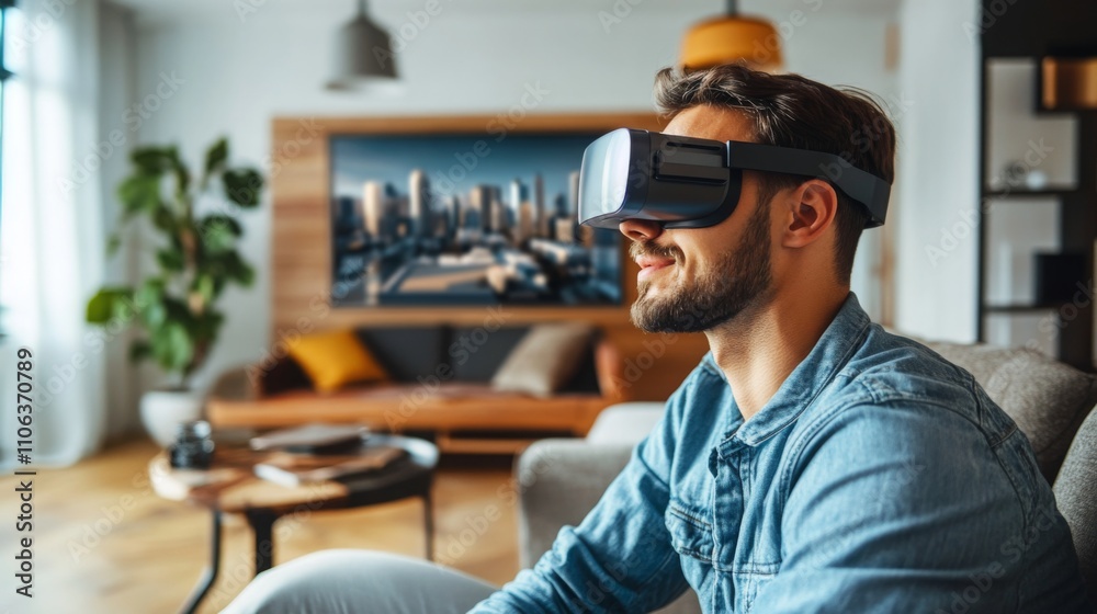 Aufkleber A man enjoys a virtual reality session while seated in a stylish living room, showcasing modern design.
