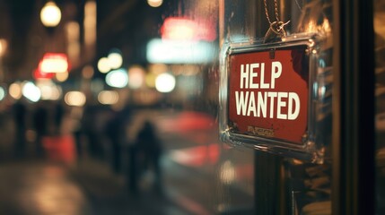 Help wanted sign at store during busy holiday shopping season.