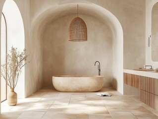 A bathroom with a large bathtub and a hanging lamp. The bathroom is white and has a lot of natural light