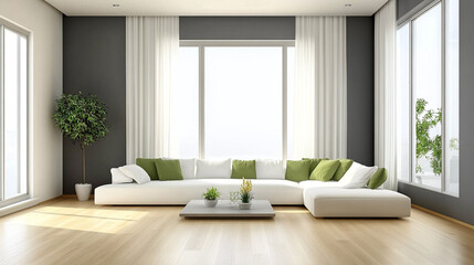 Modern Living Room Interior Design White Sofa Green Pillows Large Windows