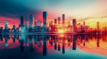 Fototapeta premium Vibrant urban skyline at sunset reflecting over water