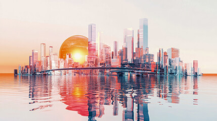 Obraz premium Futuristic cityscape at sunset with reflective water and modern skyscrapers