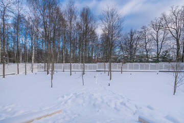 A winter landscape showcases a yard blanketed in snow, bordered by a white wooden fence. Bare trees stand against a backdrop of a bright blue sky.