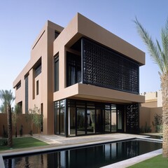 Fototapeta premium A large house with a pool and a large window. The house is tan in color. There are trees in the background