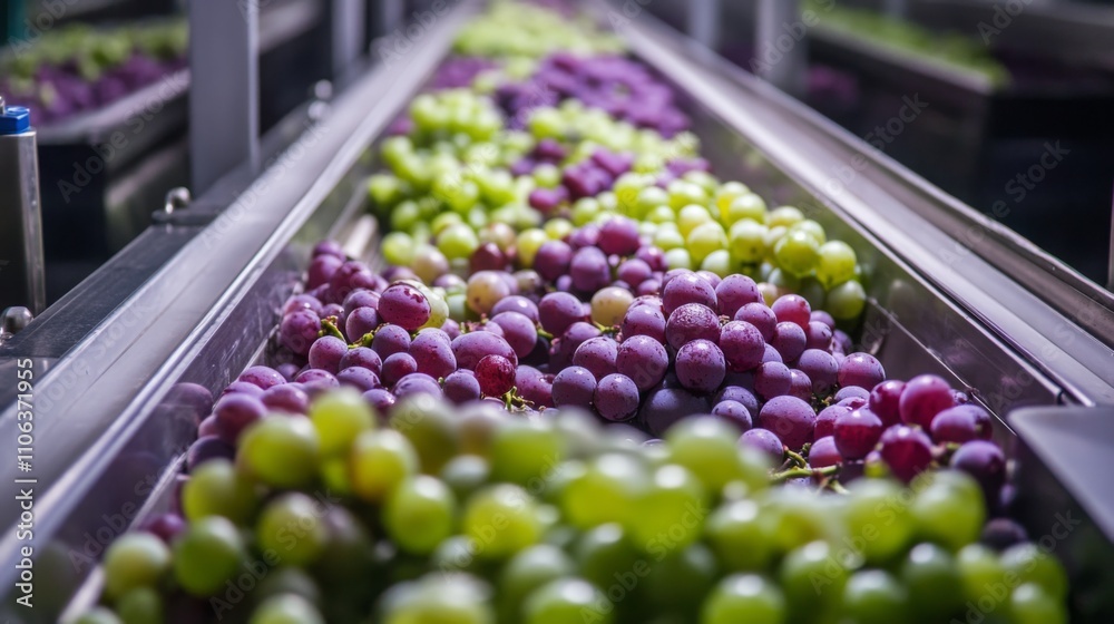 Poster Grapes of various shades, including green and purple, are being sorted on a conveyor belt in a juice production facility. Workers ensure the highest quality before processing.