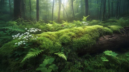 Fototapete Rund Lush Green Forest Moss Ferns Flowers Sunlight Nature Scene © Daniel