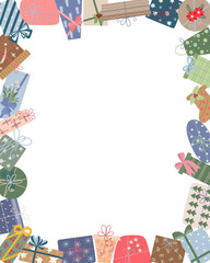 Christmas gifts festive rectangular frame of boxes wrapped in colorful paper with ribbons, symbolizing joy and tradition. Perfect for holiday design, New Year themes, winter celebration decor