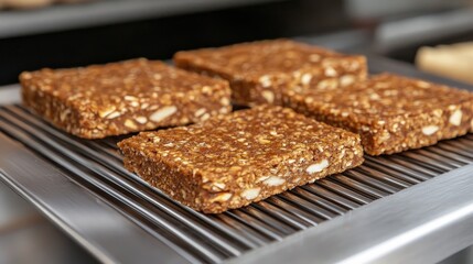 Healthy, Plant-Based Protein Bars Cooling on a Metal Rack in a Food Production Facility.