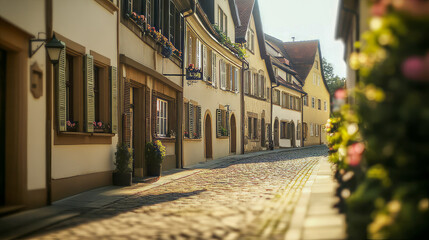 Obraz premium Quaint european village street with charming architecture and cobblestone path