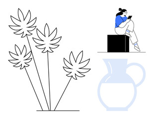 A woman reading a book while sitting on a platform, large abstract plant outlines, and a minimalist pitcher. Ideal for modern art, lifestyle, relaxation, home decor, education, minimalism